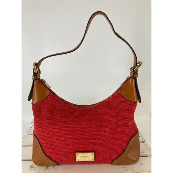 MICHAEL KORS, LARGE RED CANVAS, BROWN LEATHER SHOULDER BAG - Picture 2 of 16